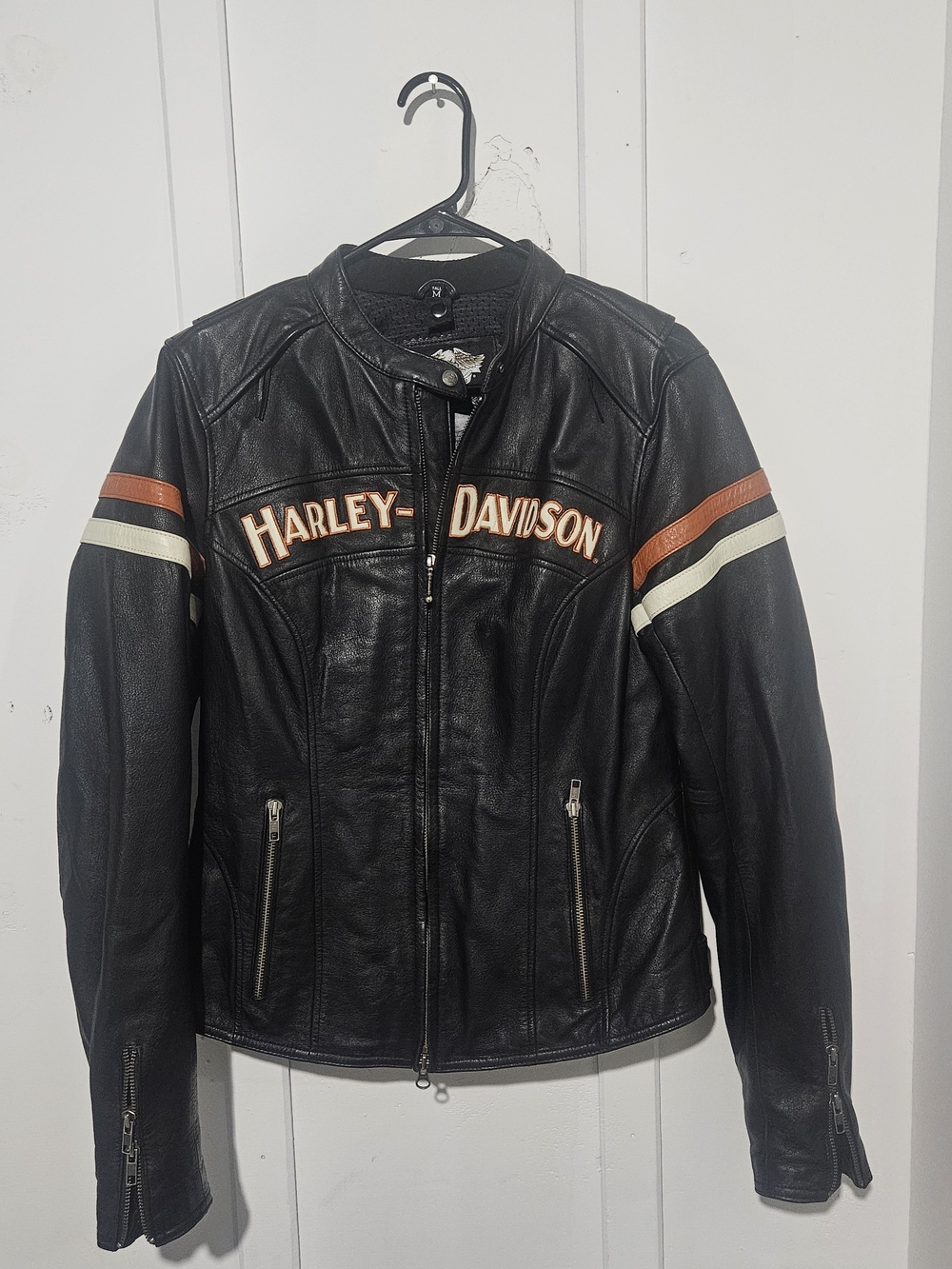 Harley-Davidson Women's Black Leather Racing Jacket with Orange & White Stripes